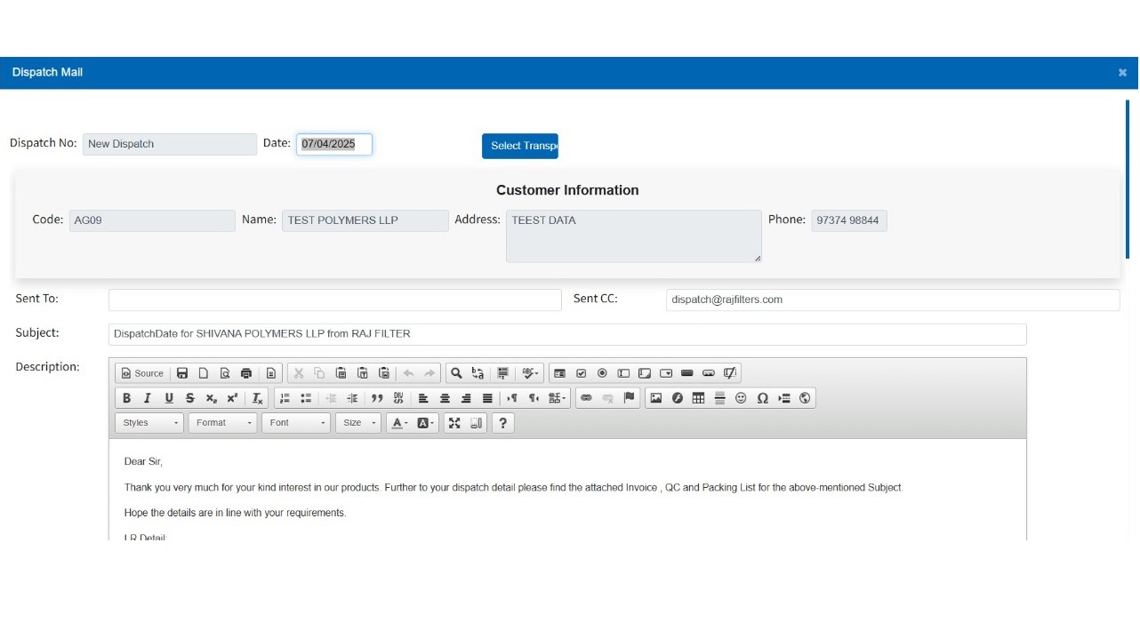 Dispatch with LR and transporter screen, Manufacturing ERP by Sense Softech
