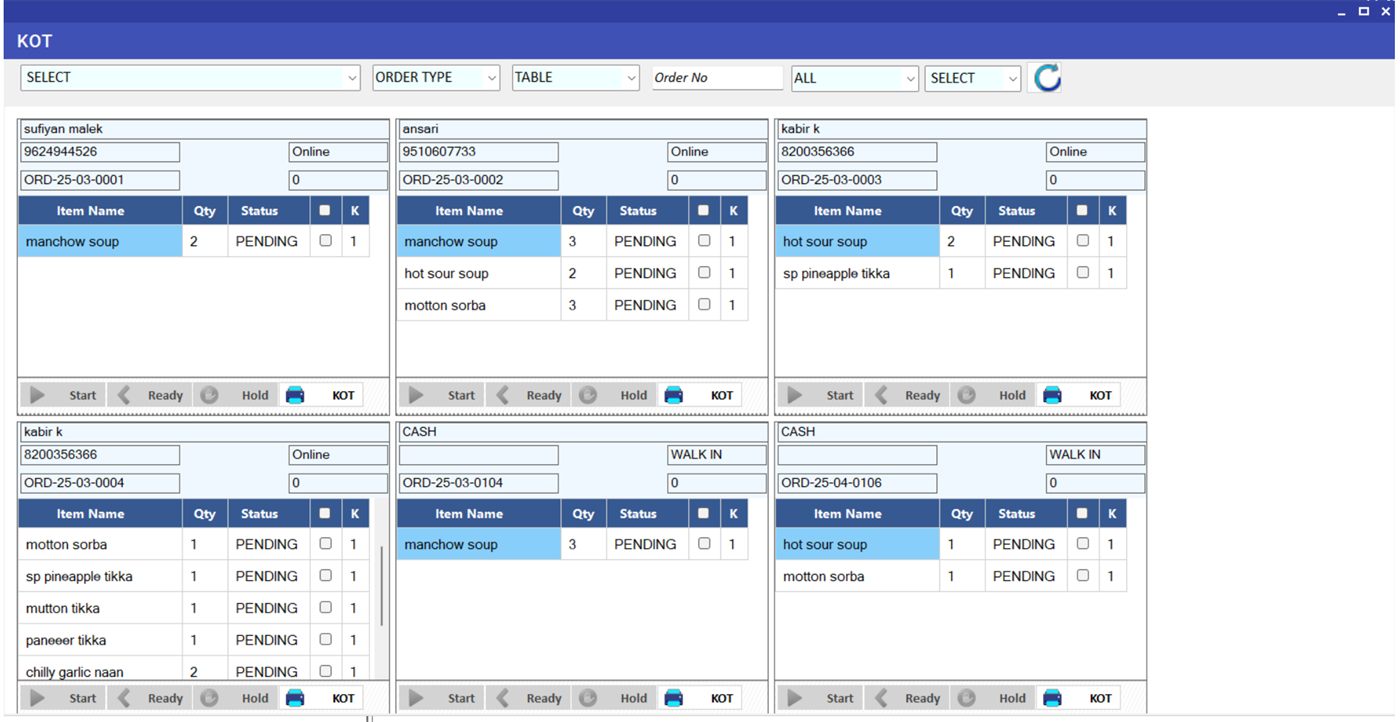 Kitchen order ticket screen, Point of Sale & Inventory by Sense Softech
